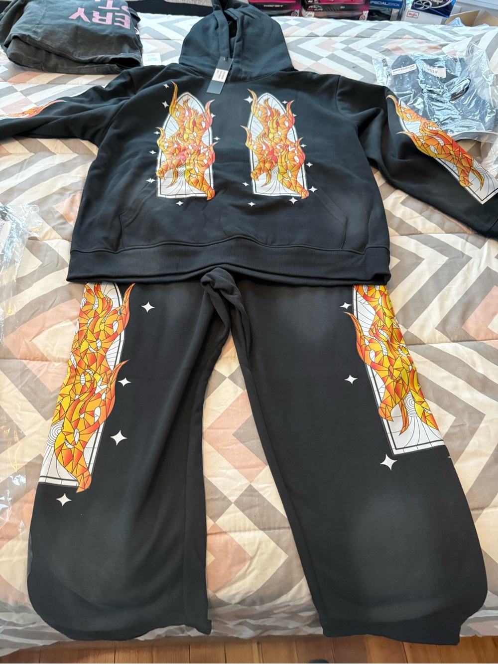 KDNk Black Graphic Hoodie & Sweatpants Set with Orange Flame Panels